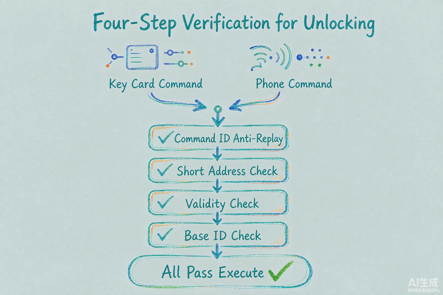 Unlock-scenario security: card and phone commands each pass four checks — command ID, short-address location match, validity window and baseline ID