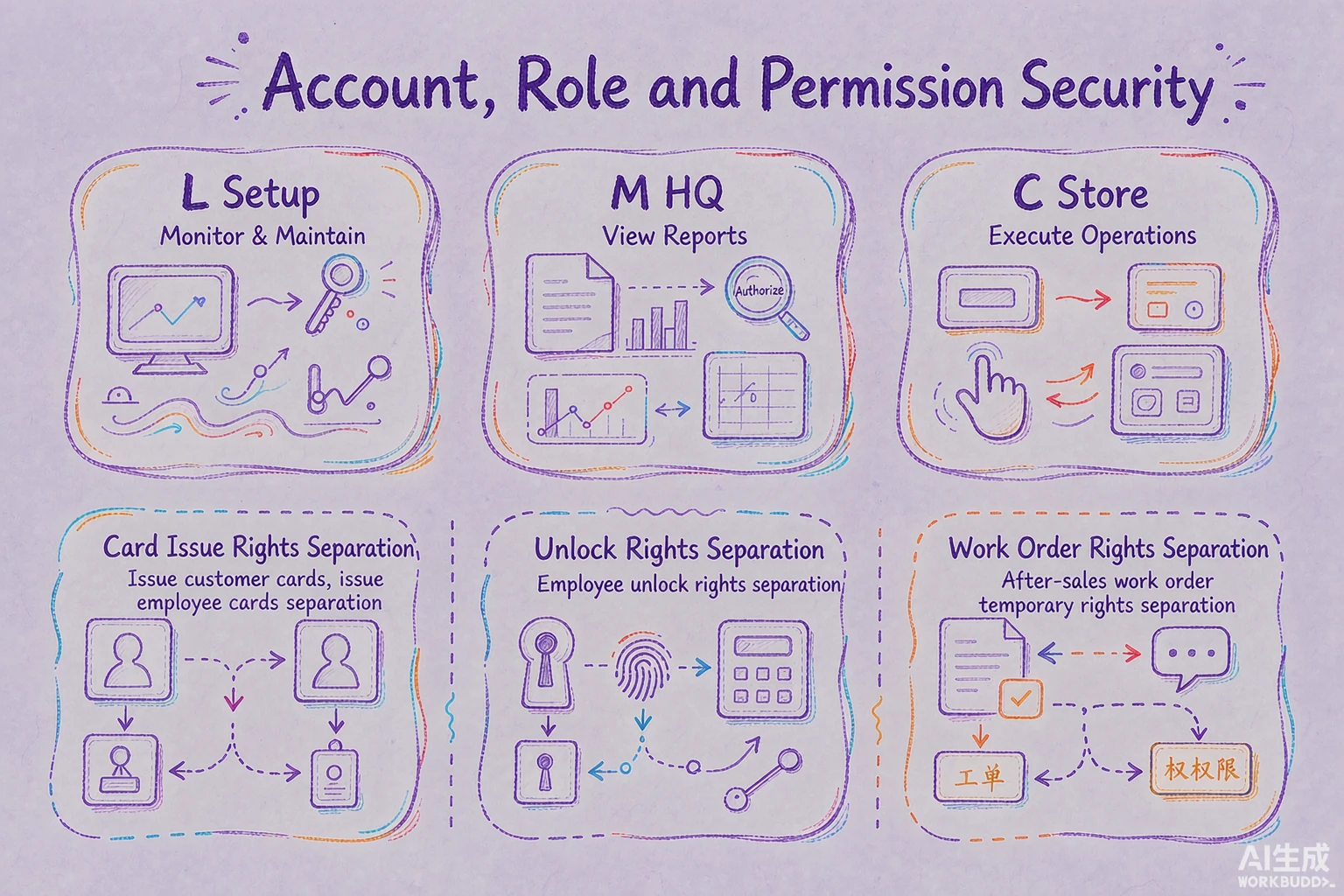 Account-role security: permissions across the L/M/C tiers, seven-day temporary rights, and a lock that only opens with someone at the door