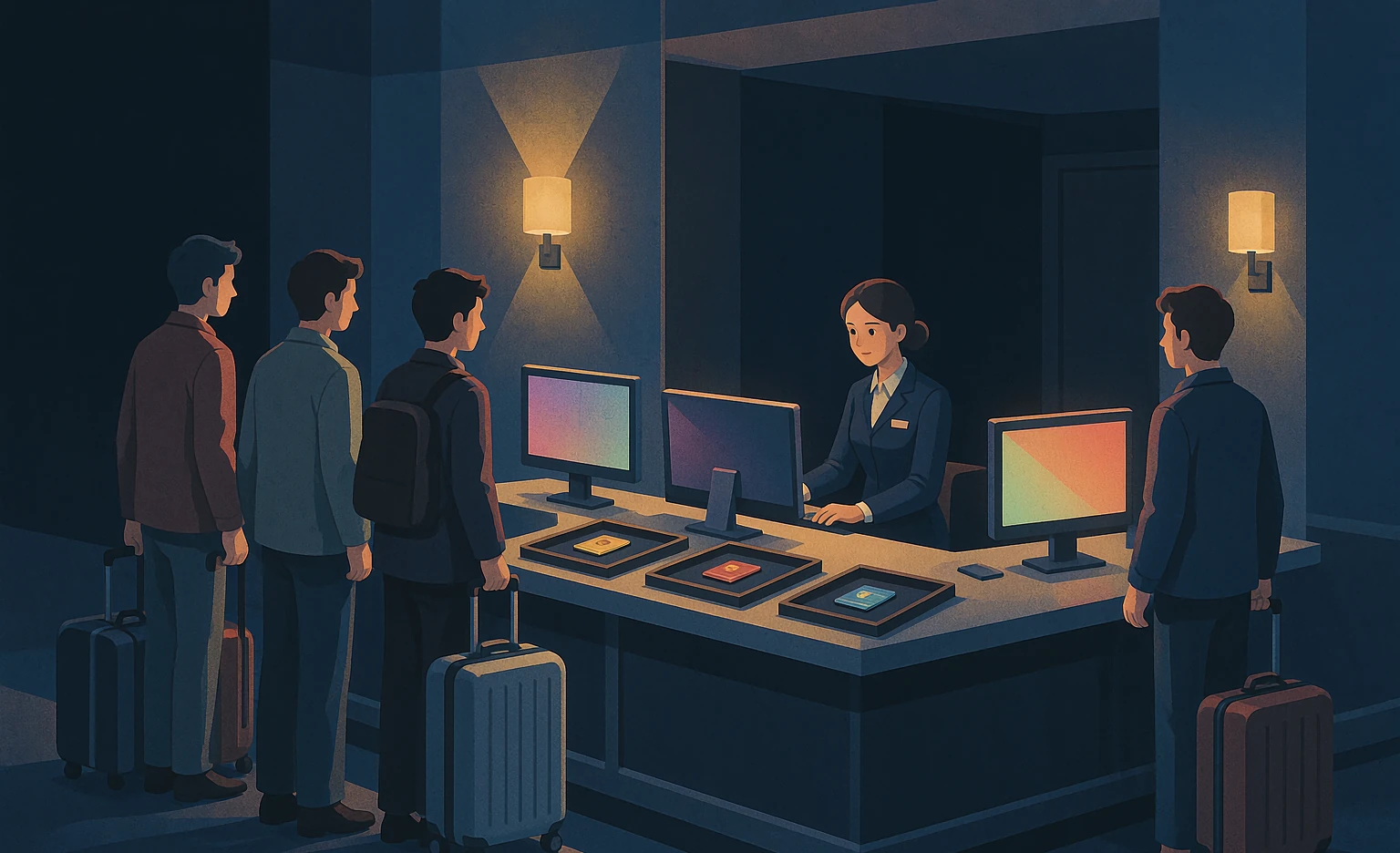 A hotel front desk at peak: three systems, three card trays, guests queuing