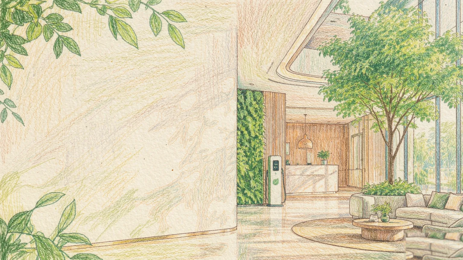 现代酒店绿色低碳大堂风格化插画：自然采光、绿植与可持续认证标识元素，呼应酒店绿色低碳与 ESG 主题