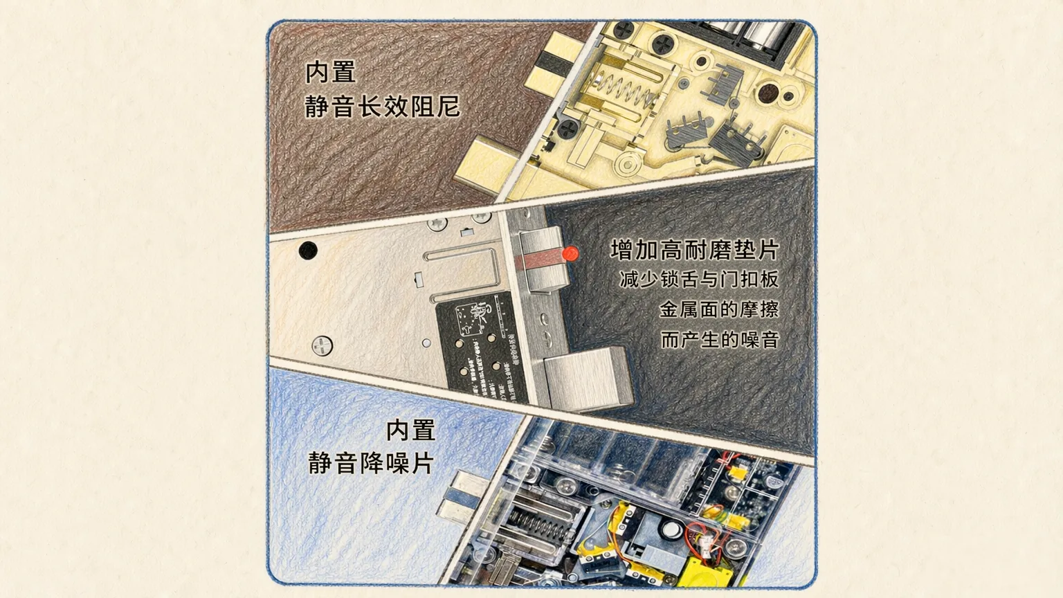 酒店门锁静音结构彩色铅笔插画：三个分层视图展示锁体内部的静音长效阻尼结构、锁舌与门扣板之间的防撞胶垫，以及锁体内部的静音降噪片与电路板