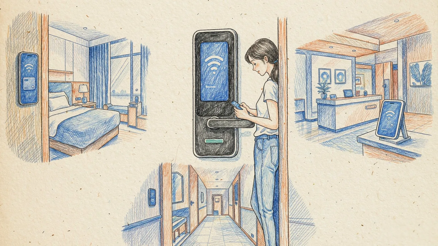 手机 NFC 生活方式插画：公交出行、便利店支付与门禁通行三个场景均以手机碰一碰完成，示意 NFC 已成为日常习惯