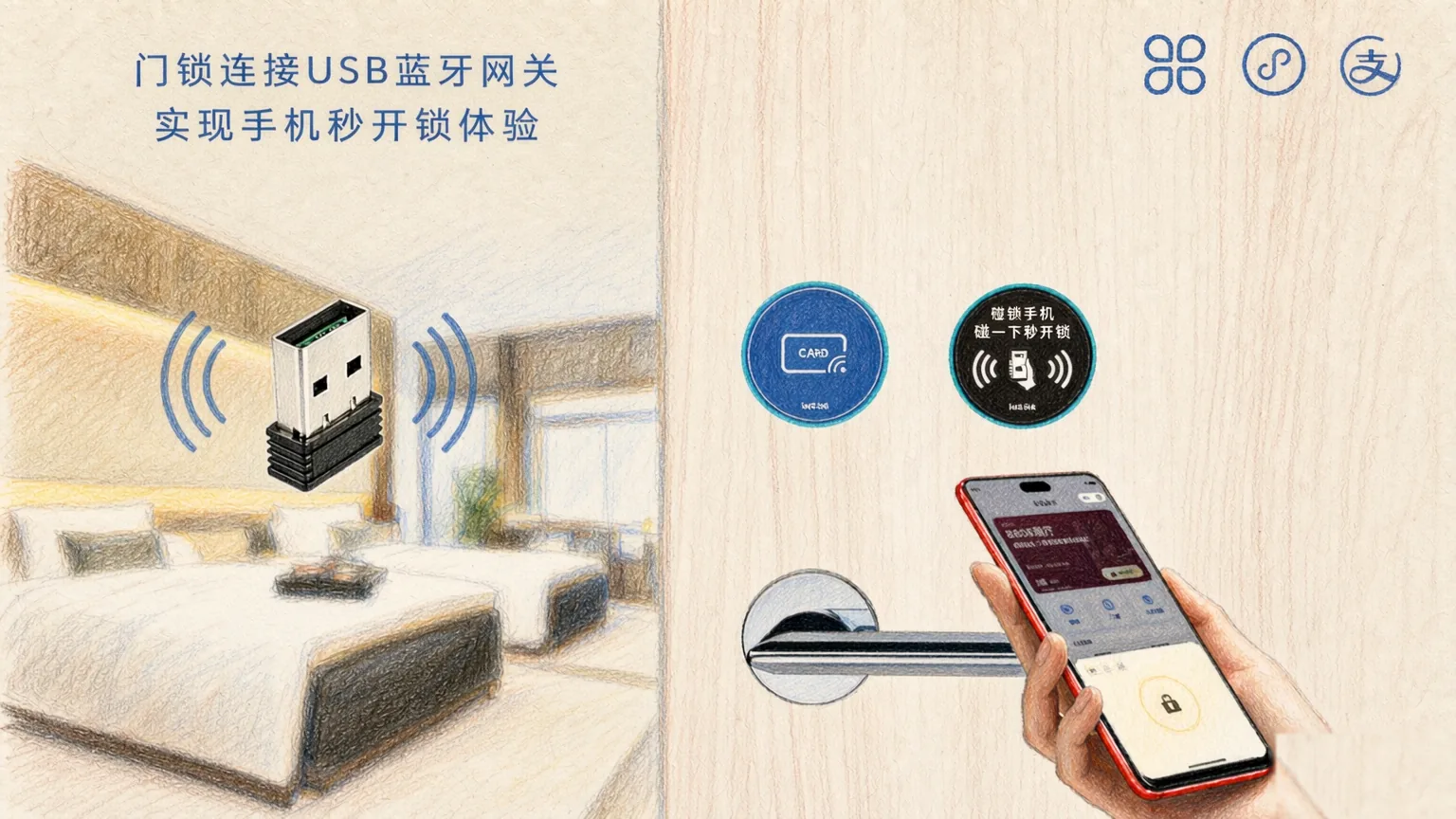 LS02 Ultra 联网版通过 USB 蓝牙网关实现手机 NFC 碰一碰开门的手绘插画