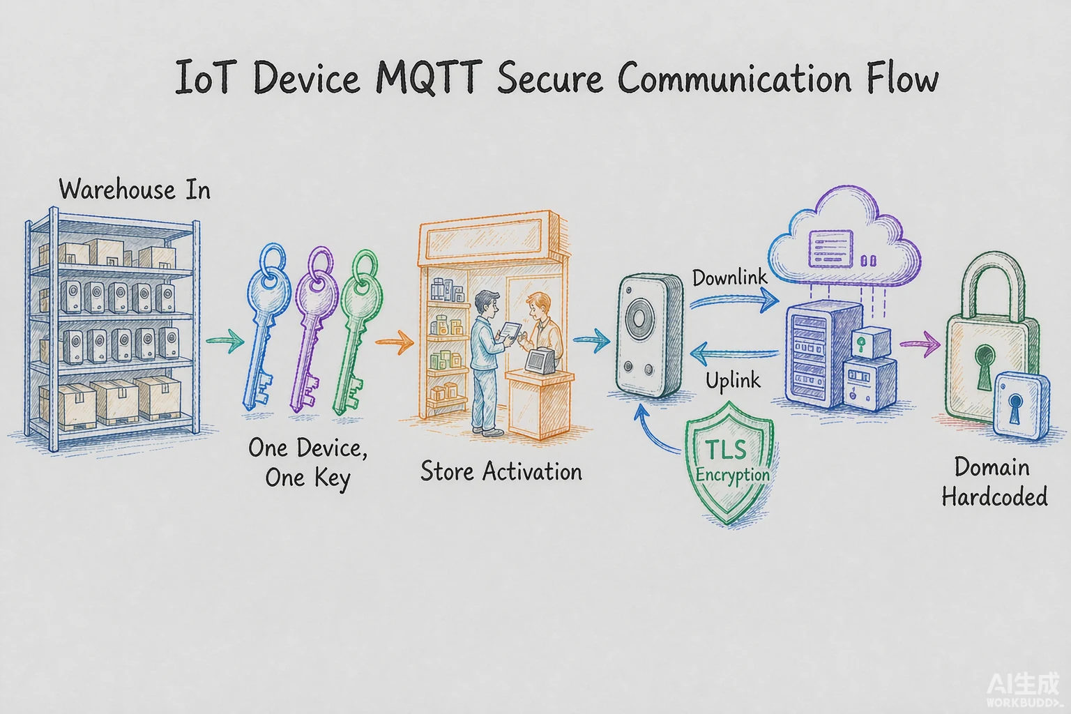 Communication security: each device gets its own triplet at intake, is activated by the store, and talks over MQTT + TLS with mutual encryption and a hard-coded domain