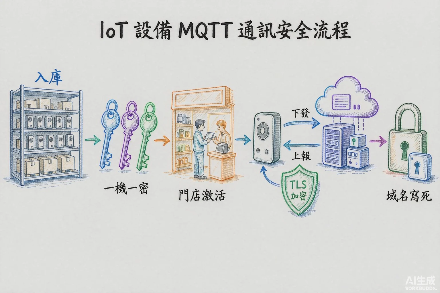 通信安全：設備入庫分配一機一密三元組，門店激活，MQTT+TLS 雙向加密，域名寫死錨定