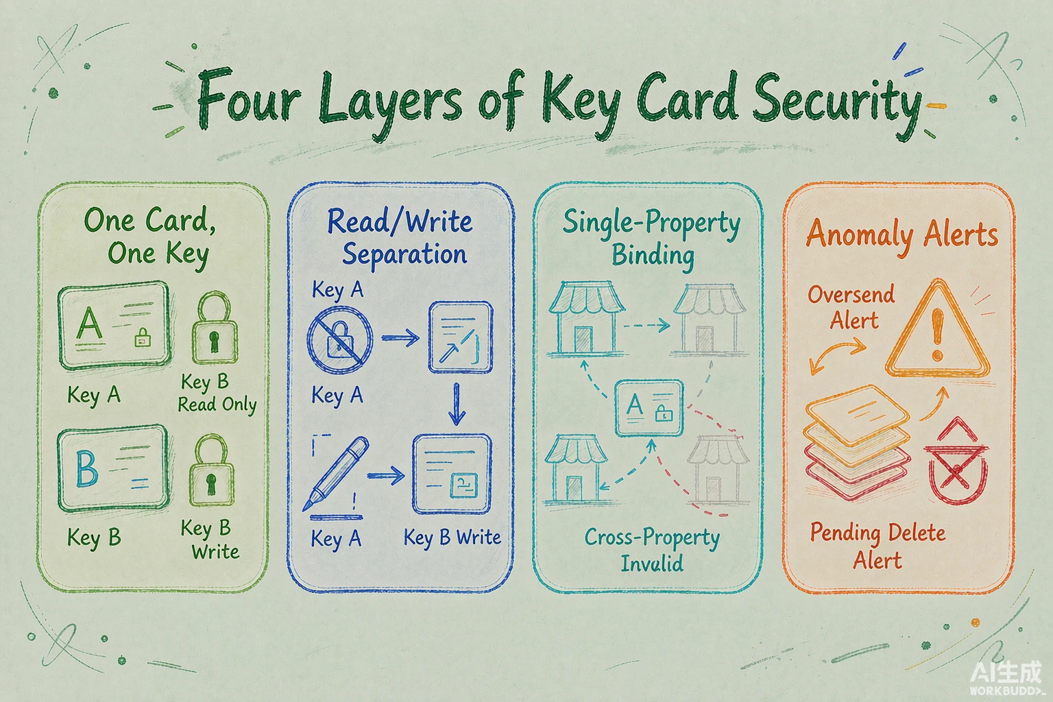 Card security: the issuer holds the write key in physical isolation, locks are read-only, and every card has its own secret