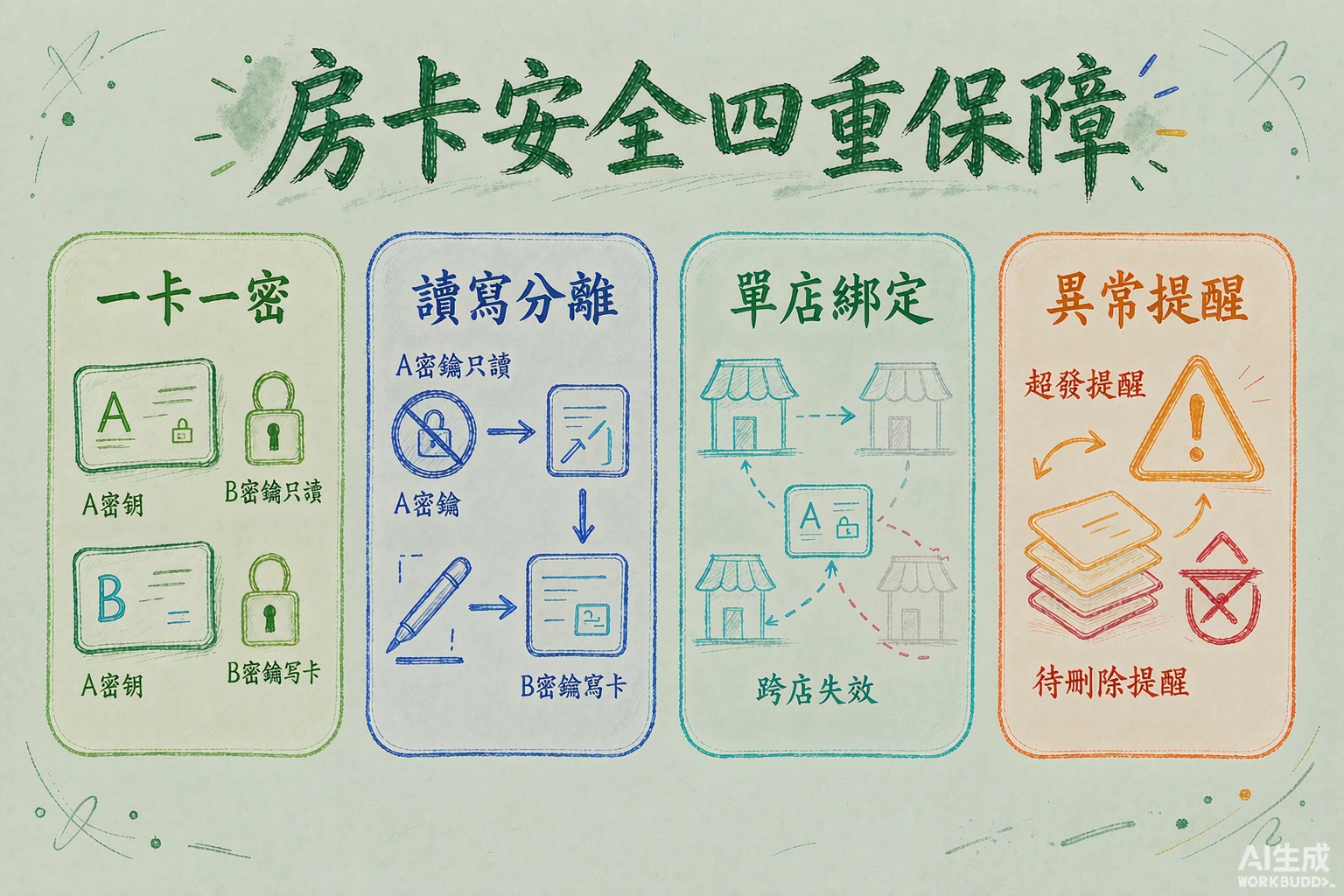 房卡安全：髮卡器持寫密鑰，物理隔離，門鎖只讀，一卡一密
