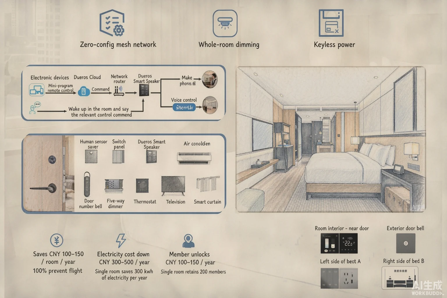 An overview of the LOCK.LINK light-IoT hotel solution. Top row, three capabilities: self-recovering commissioning, whole-room dimming and card-free power. Top left, the control chain: remote control from a mini program or a spoken command to Xiaodu in the room, routed through Xiaodu Cloud and the network to the Xiaodu speaker, which then controls lighting, curtains, air conditioning and more; top right, the device list and where each sits in the room: lock, power saver, room-control host, gateway and Xiaodu speaker; bottom, the three accounts: room fee, electricity and member retention.