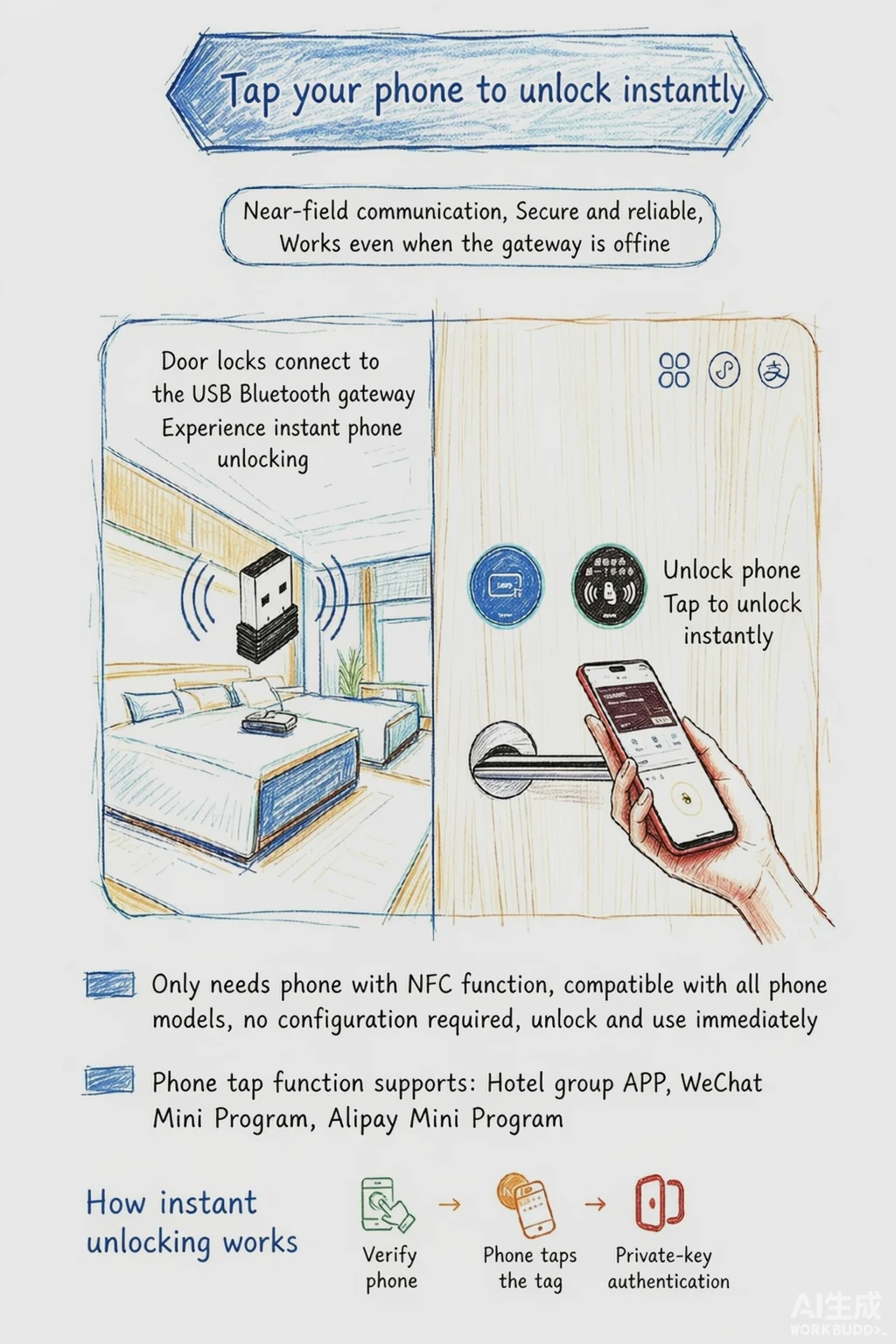 USB Bluetooth gateway: tap the phone to open instantly — near-field communication stays secure and works even when the gateway is offline