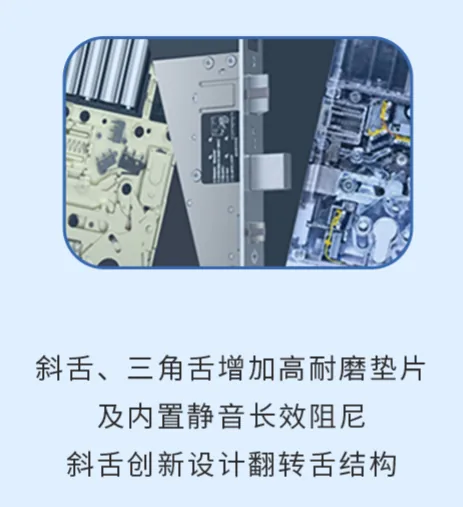 LS02 酒店静音锁静音结构机制图：斜舌与三角舌内置静音长效阻尼、翻转舌结构实现柔性接触、锁体内部防撞胶垫隔离金属摩擦