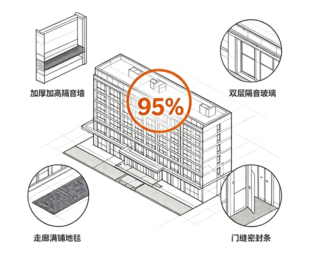 酒店静音工程常见措施：加厚隔音墙、双层玻璃、走廊地毯、门缝密封条
