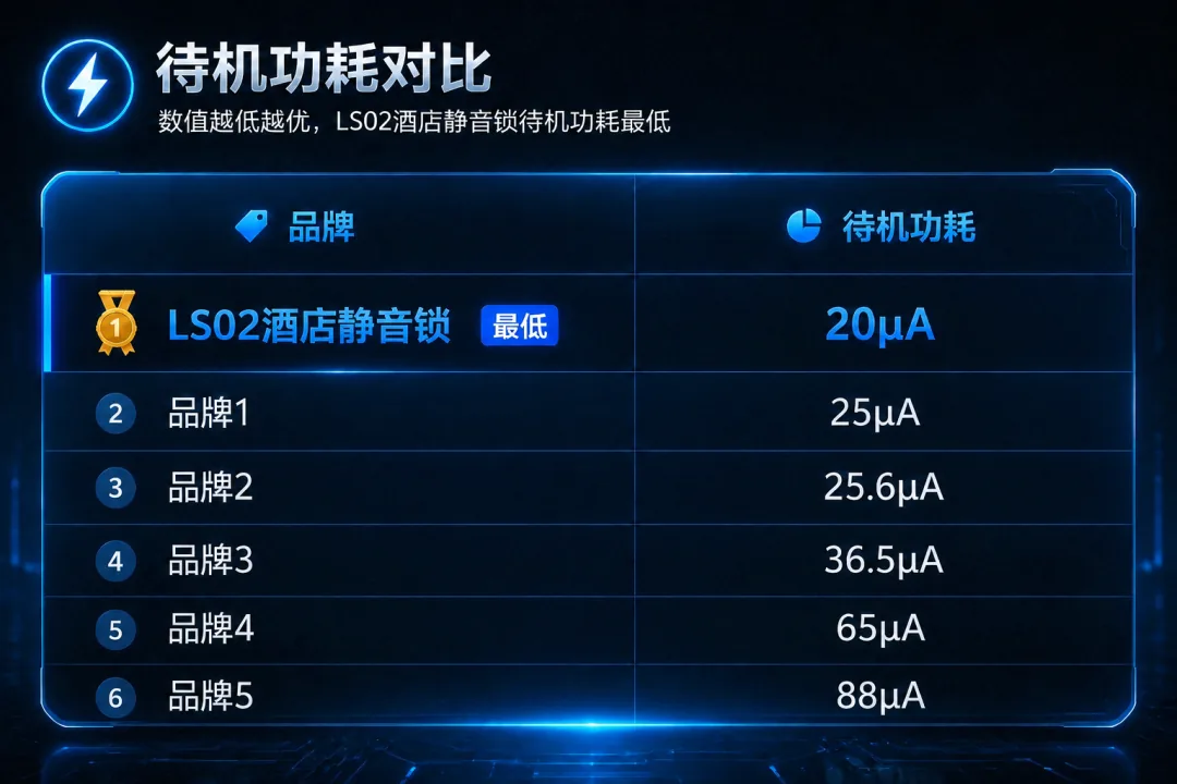 待机功耗对比排行：LS02 酒店静音锁 20μA 处于最低水平，其余品牌分别为 25μA、25.6μA、36.5μA、65μA、88μA——数值越低越优