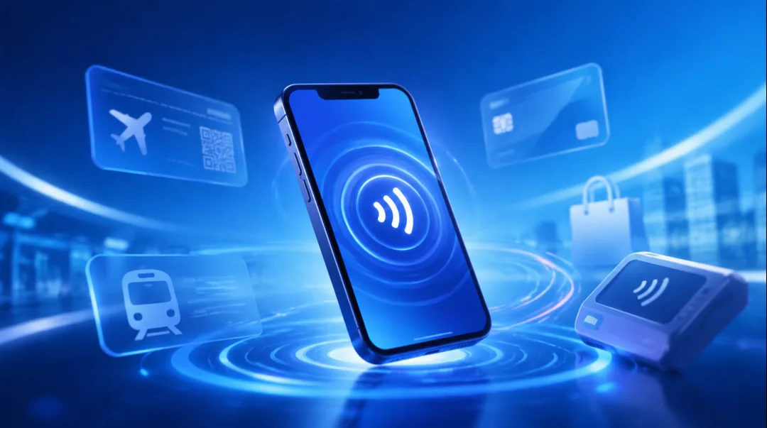 手机 NFC 开门概念图：智能手机贴近门锁感应区完成开锁的手机房卡使用场景