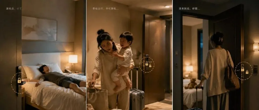 酒店住客场景三联图：左侧为游完后休息的场景、中部为带娃出行手忙脚乱拖着行李与抱着孩子的场景、右侧为深夜到店拖着行李箱进房的场景