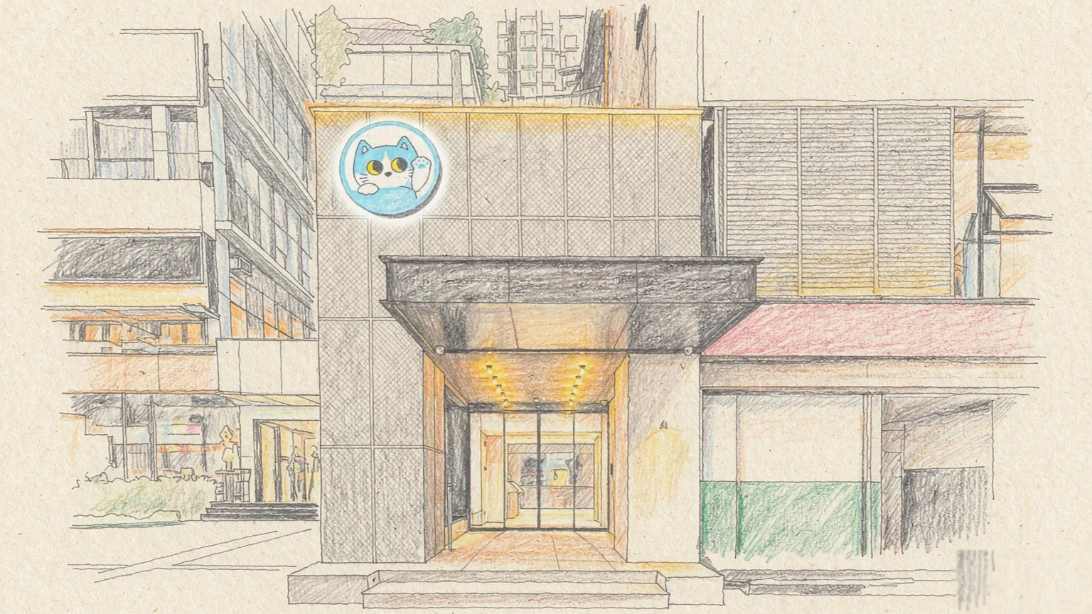 成都猫耳朵酒店夜景门头风格化插画：青猫 IP 头像 + 巨大的「猫耳朵酒店 CAT EAR HOTEL」霓虹招牌 + 暖光玻璃入口与青绿色外墙